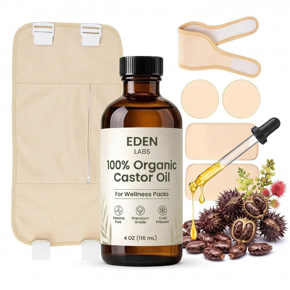 EDEN LABS Organic Castor Oil Pack Kit Bundle Wrap 4oz Cold Pressed Hexane Free